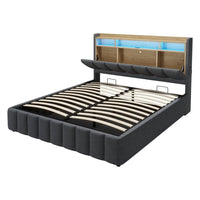 LED Lit 2 Personnes en Lin avec Tête de Lit Capitonné Étagères Ouvertes et Rangement Caché Gris - FR.SIKAIC