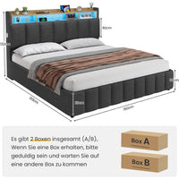 LED Lit 2 Personnes en Lin avec Tête de Lit Capitonné Étagères Ouvertes et Rangement Caché Gris - FR.SIKAIC