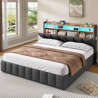 LED Lit 2 Personnes en Lin avec Tête de Lit Capitonné Étagères Ouvertes et Rangement Caché Gris - FR.SIKAIC