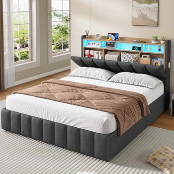 LED Lit 2 Personnes en Lin avec Tête de Lit Capitonné Étagères Ouvertes et Rangement Caché Gris - FR.SIKAIC