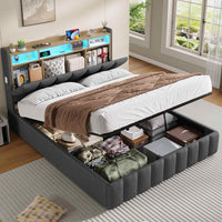 LED Lit 2 Personnes en Lin avec Tête de Lit Capitonné Étagères Ouvertes et Rangement Caché Gris - FR.SIKAIC