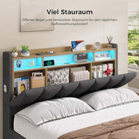 LED Lit 2 Personnes en Lin avec Tête de Lit Capitonné Étagères Ouvertes et Rangement Caché Gris - FR.SIKAIC