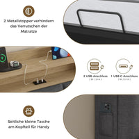 LED Lit 2 Personnes en Lin avec Tête de Lit Capitonné Étagères Ouvertes et Rangement Caché Gris - FR.SIKAIC