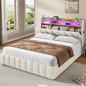 LED Lit 2 Personnes en PU avec Tête de Lit Capitonné Étagères Ouvertes et Rangement Caché Blanc - FR.SIKAIC