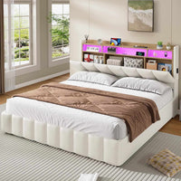 LED Lit 2 Personnes en PU avec Tête de Lit Capitonné Étagères Ouvertes et Rangement Caché Blanc - FR.SIKAIC