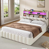 LED Lit 2 Personnes en PU avec Tête de Lit Capitonné Étagères Ouvertes et Rangement Caché Blanc - FR.SIKAIC