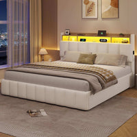 LED Lit 2 Personnes en PU avec Tête de Lit Capitonné Étagères Ouvertes et Rangement Caché Blanc - FR.SIKAIC