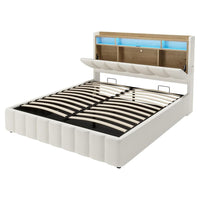 LED Lit 2 Personnes en PU avec Tête de Lit Capitonné Étagères Ouvertes et Rangement Caché Blanc - FR.SIKAIC