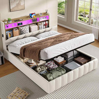 LED Lit 2 Personnes en PU avec Tête de Lit Capitonné Étagères Ouvertes et Rangement Caché Blanc - FR.SIKAIC