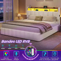 LED Lit 2 Personnes en PU avec Tête de Lit Capitonné Étagères Ouvertes et Rangement Caché Blanc - FR.SIKAIC