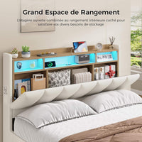 LED Lit 2 Personnes en PU avec Tête de Lit Capitonné Étagères Ouvertes et Rangement Caché Blanc - FR.SIKAIC