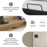 LED Lit 2 Personnes en PU avec Tête de Lit Capitonné Étagères Ouvertes et Rangement Caché Blanc - FR.SIKAIC