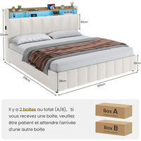 LED Lit 2 Personnes en PU avec Tête de Lit Capitonné Étagères Ouvertes et Rangement Caché Blanc - FR.SIKAIC