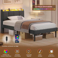 Lit 1 Personne Moderne 90x200 cm avec LED 2 Ports USB Espace de Rangement et Tête de Lit Rembourré Lin Gris - FR.SIKAIC