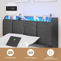 Lit 1 Personne Moderne 90x200 cm avec LED 2 Ports USB Espace de Rangement et Tête de Lit Rembourré Lin Gris - FR.SIKAIC