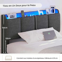 Lit 1 Personne Moderne 90x200 cm avec LED 2 Ports USB Espace de Rangement et Tête de Lit Rembourré Lin Gris - FR.SIKAIC