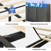Lit 1 Personne Moderne 90x200 cm avec LED 2 Ports USB Espace de Rangement et Tête de Lit Rembourré Lin Gris - FR.SIKAIC