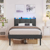 Lit 1 Personne Moderne 90x200 cm avec LED 2 Ports USB Espace de Rangement et Tête de Lit Rembourré Lin Gris - FR.SIKAIC