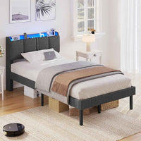 Lit 1 Personne Moderne 90x200 cm avec LED 2 Ports USB Espace de Rangement et Tête de Lit Rembourré Lin Gris - FR.SIKAIC