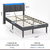 Lit 1 Personne Moderne 90x200 cm avec LED 2 Ports USB Espace de Rangement et Tête de Lit Rembourré Lin Gris - FR.SIKAIC