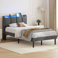 Lit 1 Personne Moderne 90x200 cm avec LED 2 Ports USB Espace de Rangement et Tête de Lit Rembourré Lin Gris - FR.SIKAIC