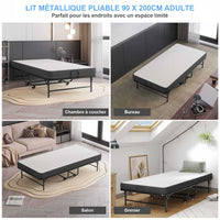 Lit Pliant 1 Personne 90x200 cm Lit Pliable Adulte avec Matelas en Mousse de 10 cm Noir - FR.SIKAIC
