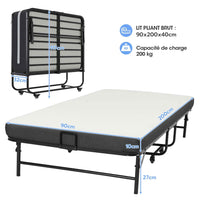 Lit Pliant 1 Personne 90x200 cm Lit Pliable Adulte avec Matelas en Mousse de 10 cm Noir - FR.SIKAIC