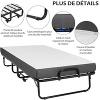 Lit pliant 90x200 cm Cadre de Lit en Métal avec Matelas en Mousse à Mémoire de Forme de 13 cm D'épaisseur Noir - FR.SIKAIC