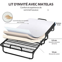 Lit pliant 90x200 cm Cadre de Lit en Métal avec Matelas en Mousse à Mémoire de Forme de 13 cm D'épaisseur Noir - FR.SIKAIC
