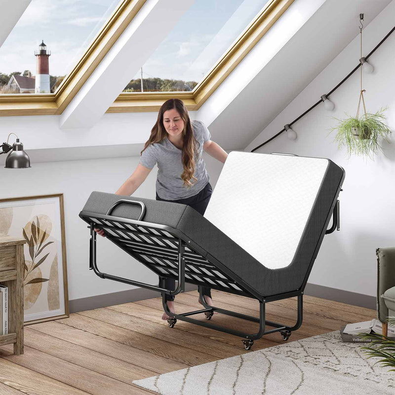 Lit pliant 90x200 cm Cadre de Lit en Métal avec Matelas en Mousse à Mémoire de Forme de 13 cm D'épaisseur Noir - FR.SIKAIC