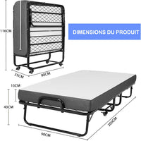 Lit pliant 90x200 cm Cadre de Lit en Métal avec Matelas en Mousse à Mémoire de Forme de 13 cm D'épaisseur Noir - FR.SIKAIC