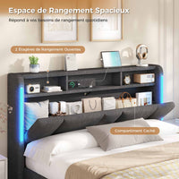 FR.SIKAIC Lits et Cadres de Lit Gris Foncé / Lin Bois / 140x190 cm Lit rembourré 140 × 190 avec tête de lit à rangement, Gris foncé