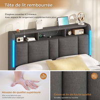 FR.SIKAIC Lits et Cadres de Lit Gris foncé / 140×190 cm / Bois d'ingénierie & Métal Lit rembourré 140 x 190 cm avec prises et éclairage LED Gris foncé