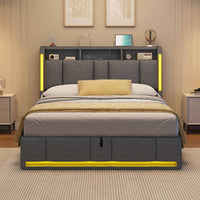 FR.SIKAIC Lits et Cadres de Lit Gris foncé / 140×190 cm / Bois d'ingénierie & Métal Lit rembourré 140 x 190 cm avec prises et éclairage LED Gris foncé