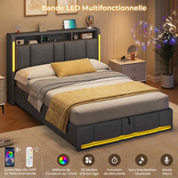 FR.SIKAIC Lits et Cadres de Lit Gris foncé / 140×190 cm / Bois d'ingénierie & Métal Lit rembourré 140 x 190 cm avec prises et éclairage LED Gris foncé