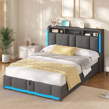 FR.SIKAIC Lits et Cadres de Lit Gris foncé / 140×190 cm / Bois d'ingénierie & Métal Lit rembourré 140 x 190 cm avec prises et éclairage LED Gris foncé