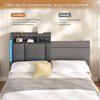 FR.SIKAIC Lits et Cadres de Lit Gris foncé / 140×200 cm / Bois d'ingénierie & Métal Lit rembourré 140 x 200 cm avec prises et éclairage LED Gris foncé