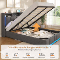 FR.SIKAIC Lits et Cadres de Lit Gris foncé / 140×200 cm / Bois d'ingénierie & Métal Lit rembourré 140 x 200 cm avec prises et éclairage LED Gris foncé