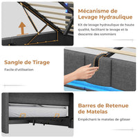 FR.SIKAIC Lits et Cadres de Lit Gris foncé / 140×200 cm / Bois d'ingénierie & Métal Lit rembourré 140 x 200 cm avec prises et éclairage LED Gris foncé