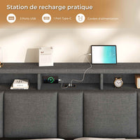 FR.SIKAIC Lits et Cadres de Lit Gris foncé / 140×200 cm / Bois d'ingénierie & Métal Lit rembourré 140 x 200 cm avec prises et éclairage LED Gris foncé