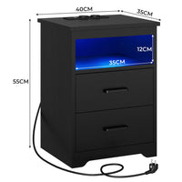 Lot de 2 Tables de Chevet avec Éclairage LED 2 Tiroirs de Rangement Station de Charge Noir - FR.SIKAIC