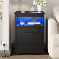 Lot de 2 Tables de Chevet avec Éclairage LED 2 Tiroirs de Rangement Station de Charge Noir - FR.SIKAIC