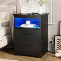 Lot de 2 Tables de Chevet avec Éclairage LED 2 Tiroirs de Rangement Station de Charge Noir - FR.SIKAIC