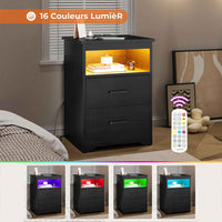Lot de 2 Tables de Chevet avec Éclairage LED 2 Tiroirs de Rangement Station de Charge Noir - FR.SIKAIC