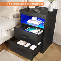 Lot de 2 Tables de Chevet avec Éclairage LED 2 Tiroirs de Rangement Station de Charge Noir - FR.SIKAIC