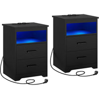 Lot de 2 Tables de Chevet avec Éclairage LED 2 Tiroirs de Rangement Station de Charge Noir - FR.SIKAIC