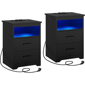 Lot de 2 Tables de Chevet avec Éclairage LED 2 Tiroirs de Rangement Station de Charge Noir - FR.SIKAIC