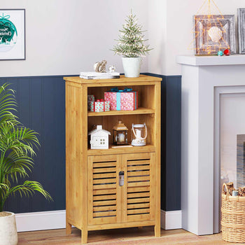 Meuble de Rangement Salle de Bain Armoire sur Pied en Bambou avec 2 Étagères Amovibles pour Salon Chambre Cuisine 50×29×92,3 cm - FR.SIKAIC