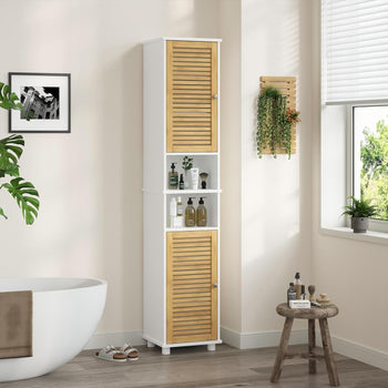 Meuble de Salle de Bain Haut avec 2 Portes en Bambou 2 Compartiments Ouverts et Étagères Réglables Blanc - FR.SIKAIC