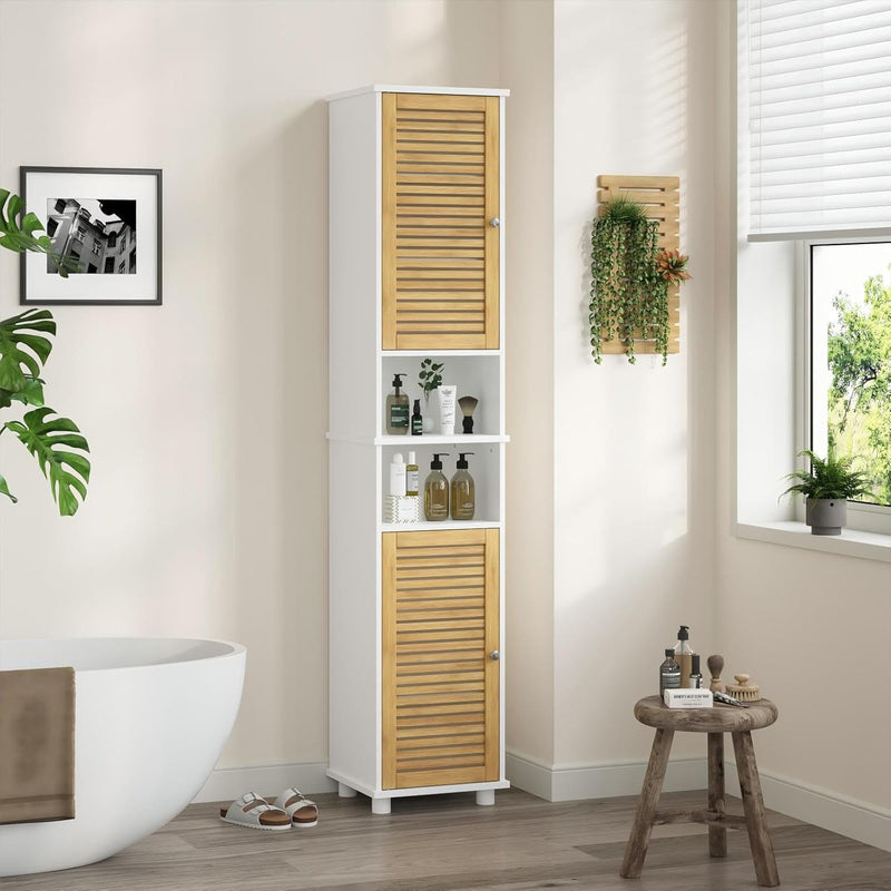 FR.SIKAIC Armoires de Salle de Bain Blanc / Bois d'ingénierie，Bambou / Moderne Meuble de Salle de Bain Haut avec 2 Portes en Bambou 2 Compartiments Ouverts et Étagères Réglables Blanc